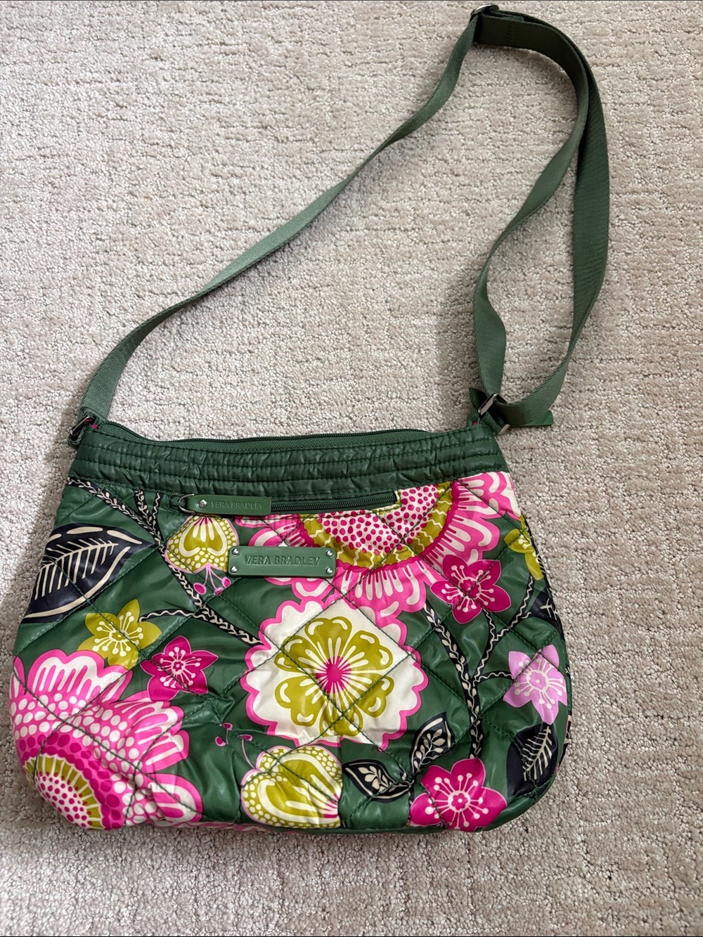 Vera Bradley Green Floral Quilted Crossbody with Pink Accents